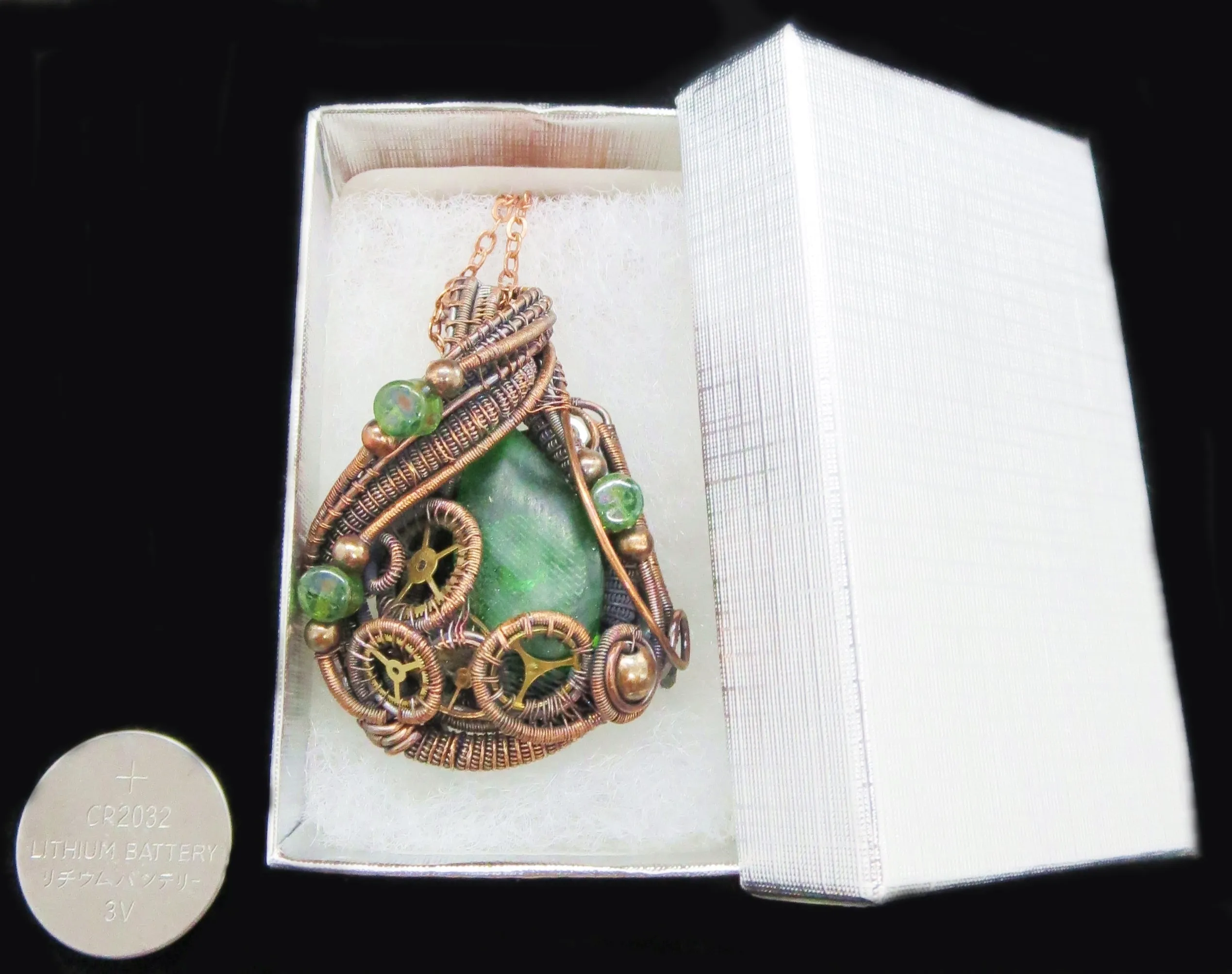 Green Teardrop Screened Resin Gem LED Steampunk Pendant in Bronze